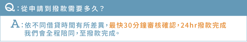 Ｑ：從申請到撥款需要多久？ Ａ：依不同借貸時間有所差異，最快30分鐘審核確認，24hr撥款完成（強調） 我們會全程陪同，至撥款完成。